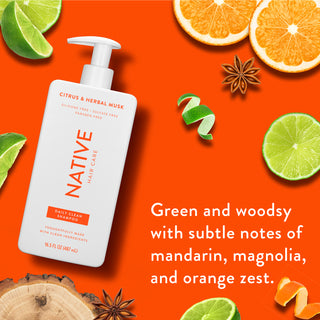 Native Citrus & Herbal Musk Daily Clean Shampoo with text reading “Green and woodsy with subtle notes of mandarin, magnolia, and orange zest”