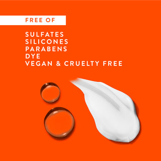 Drops of water and shampoo with text reading “Free of sulfates, silicones, parabens, dye, vegan & cruelty free”