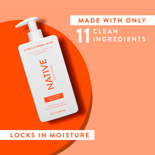 Native Citrus & Herbal Musk Daily Clean Shampoo with text reading “Made with only 11 clean ingredients” and “Locks in moisture”