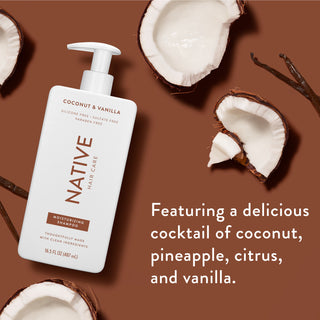 Native Coconut & Vanilla Moisturizing Shampoo promoting “A delicious cocktail of coconut, pineapple, citrus, and vanilla”