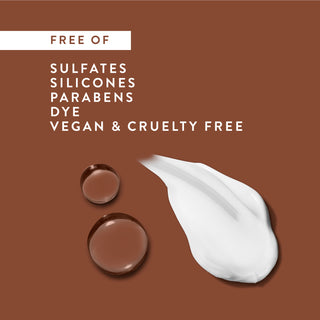 Drops of water and shampoo with text reading “Free of sulfates, silicones, parabens, dye, vegan & cruelty free”