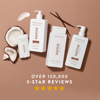 Native Coconut & Vanilla product collection with text reading “Over 150,000, 5-star reviews” and five yellow stars