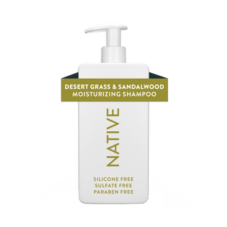 Native Desert Grass & Sandalwood Moisturizing Shampoo bottle with text reading “Silicone Free, Sulfate Free, Paraben Free”