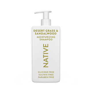 Native Desert Grass & Sandalwood Moisturizing Shampoo bottle with text reading “Silicone Free, Sulfate Free, Paraben Free”