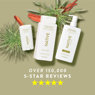 Native Desert Grass & Sandalwood product collection with text reading “Over 150,000, 5-star reviews” and five yellow stars