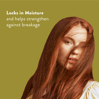 Woman with long red hair with text reading “Locks in moisture and helps strengthen against breakage”