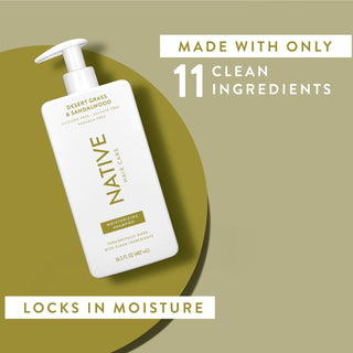 Native Desert Grass & Sandalwood Moisturizing Shampoo with text reading “Made with only 11 clean ingredients” and “Locks in moisture”