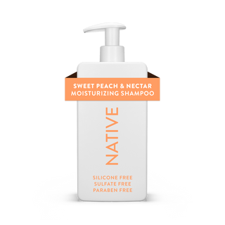 Native Sweet Peach & Nectar Moisturizing Shampoo bottle with text reading “Silicone Free, Sulfate Free, Paraben Free”