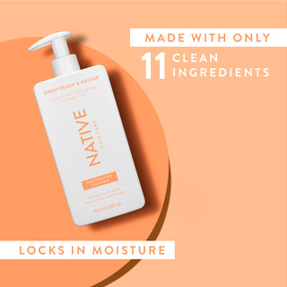 Native Sweet Peach & Nectar Moisturizing Shampoo with text reading “Made with only 11 clean ingredients” and “Locks in moisture”