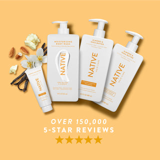 Native Almond & Shea Butter product collection with text reading “Over 150,000, 5-star reviews” and five yellow stars