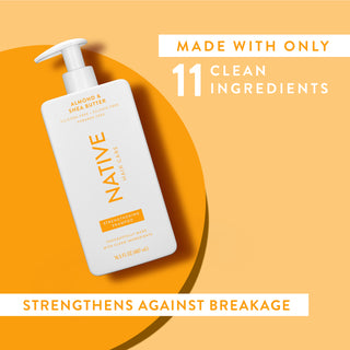 Native Almond & Shea Butter Strengthening Shampoo with text reading “Made with only 11 clean ingredients” and “Locks in moisture”