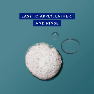 Drops of water and shampoo with text reading “Easy to apply, lather, and rinse”
