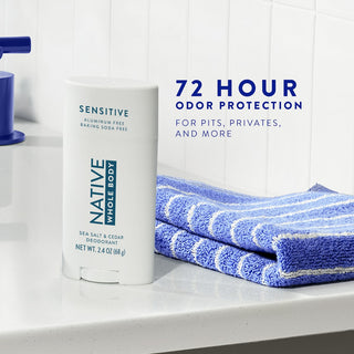 Native Sea Salt & Cedar Whole Body Deodorant Stick with 72-hour odor protection text overlay