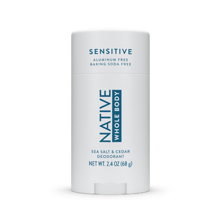 Front view of Native Sea Salt & Cedar Whole Body Deodorant Stick, labeled aluminum-free and baking soda free