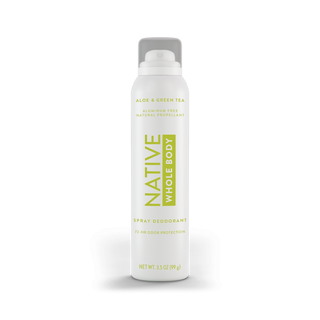 Front view of Native Aloe & Green Tea Whole Body Deodorant Spray canister, labeled aluminum-free and paraben-free