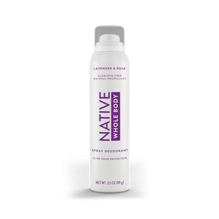 Front view of Native Lavender & Rose Whole Body Deodorant Spray canister, labeled aluminum-free and natural propellant