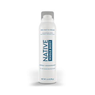 Front view of Native Sea Salt & Cedar Whole Body Deodorant Spray canister, labeled aluminum-free and natural propellant
