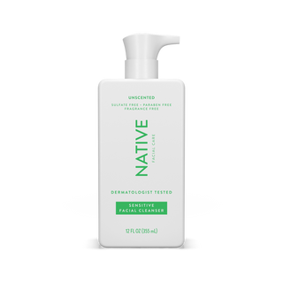 Native Aloe & Vitamin B3 Sensitive Facial Cleanser bottle with sulfate-free, paraben-free, fragrance-free claims