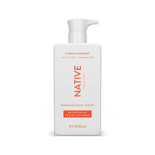 Native Citrus & Bergamot Brightening Facial Cleanser bottle with sulfate-free, paraben-free, fragrance-free claims
