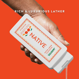 Hand pouring Native Jarritos - Mandarin Body Wash with Rich & luxurious lather text