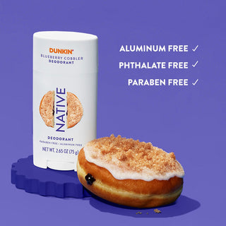 Native deodorant with text saying "Aluminum free, phthalate free, paraben free", styled with a Dunkin'