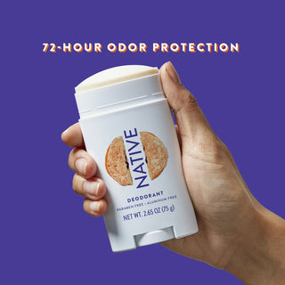 Hand holding Native deodorant with text reading 72-hour odor protection
