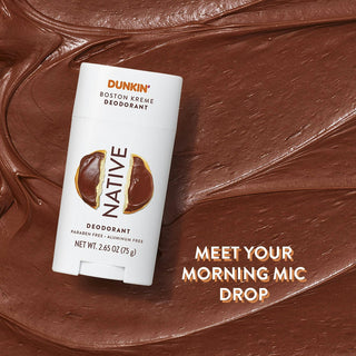 Native Dunkin - Boston Kreme Deodorant with text reading "Meet your morning mic drop"