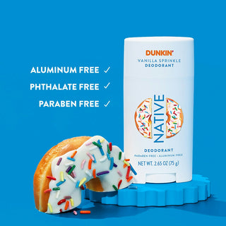 Native Dunkin - Vanilla Sprinkle Deodorant with text reading "Aluminum free, phthalate free, paraben free"