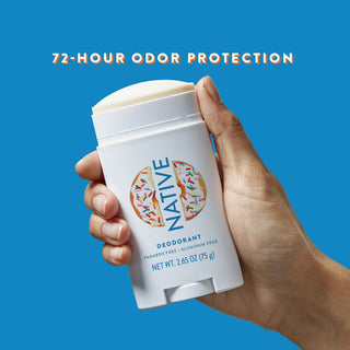 Hand holding Native deodorant with text reading 72-hour odor protection