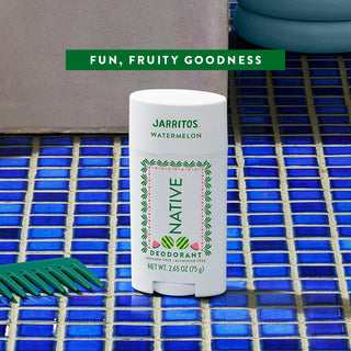 Native Watermelon Deodorant Jarritos Limited edition sitting on counter with text reading fun, fruity goodness