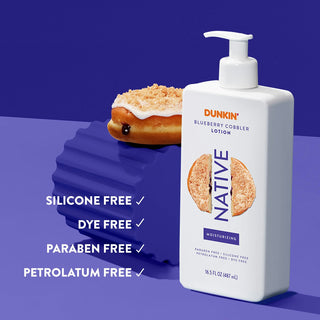 Native Dunkin - Blueberry Cobbler Moisturizing Lotion next to text "Silicone free, dye free, paraben free, petrolatum free"