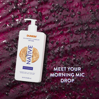 Native Dunkin - Blueberry Cobbler Moisturizing Lotion with text "Meet your morning mic drop"