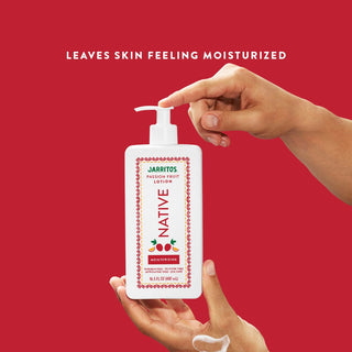 Hand Pumping Native Jarritos - Passion Fruit Moisturizing Lotion bottle with text Leaves skin feeling moisturized