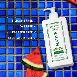 Native Jarritos - Watermelon Moisturizing Lotion next to text "Silicone free, dye free, paraben free, petrolatum free"