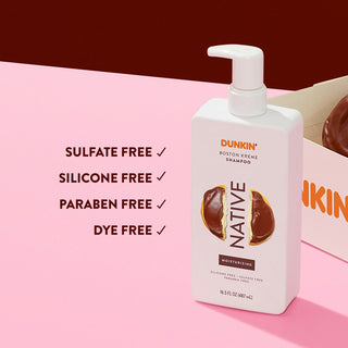 Native Dunkin - Boston Kreme Moisturizing Shampoo with text reading “Sulfate free, silicone free, paraben free, dye free”