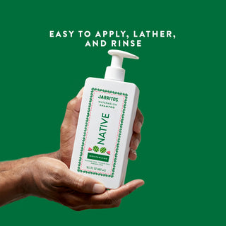 Hand holding Jarritos - Watermelon Moisturizing Shampoo with text reading "Easy to apply, lather, and rinse"