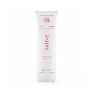 Front of Native Mineral Suncare Daily Body Sunscreen SPF 30, labeled as zinc oxide sunscreen, Tropical Breeze, 5 fl oz