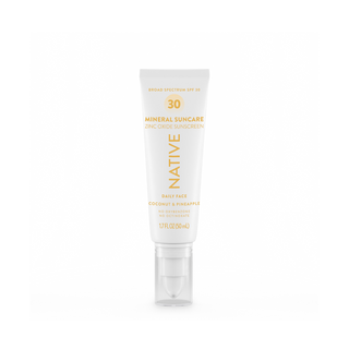 Front of Native Mineral Suncare Daily Face Sunscreen SPF 30, labeled as zinc oxide sunscreen, Coconut & Pineapple, 1.7 fl oz			