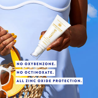 Person putting Native Mineral Suncare Daily Face Sunscreen tube in their bag with text stating no oxybenzone or octinoxate