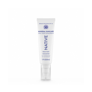 Front of Native Mineral Suncare Daily Face Sunscreen SPF 30, labeled as zinc oxide sunscreen, unscented, 1.7 fl oz
