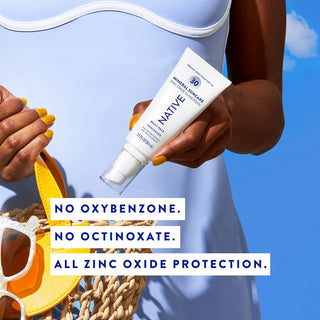 Person putting Native Mineral Suncare Daily Face Sunscreen tube in their bag with text stating no oxybenzone or octinoxate