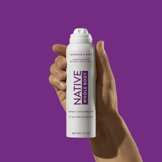 Hand holding Native Whole Body Deodorant in Lavender & Rose scent